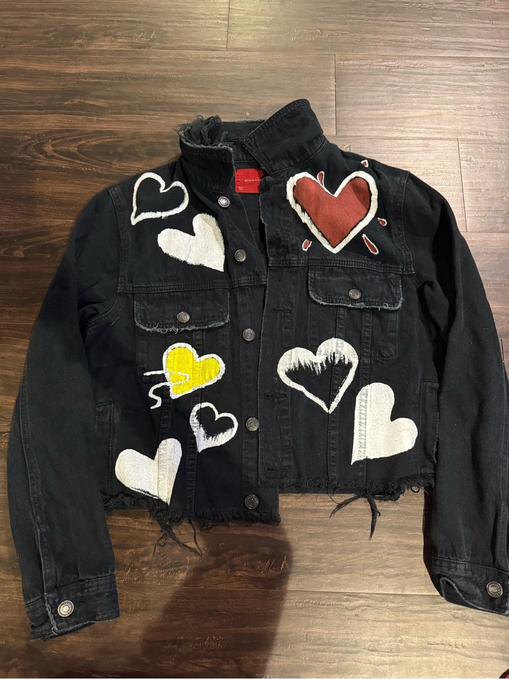 Signature8 Black Denim Jacket with Heart Patches